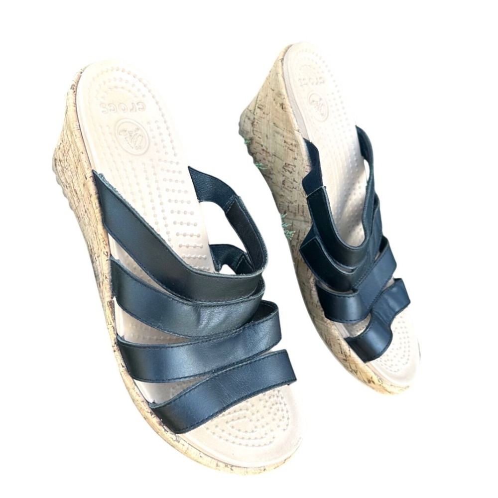 Crocs A-Leigh Leather Strappy Wedge Sandals Size‎ 9 Black Shoes
